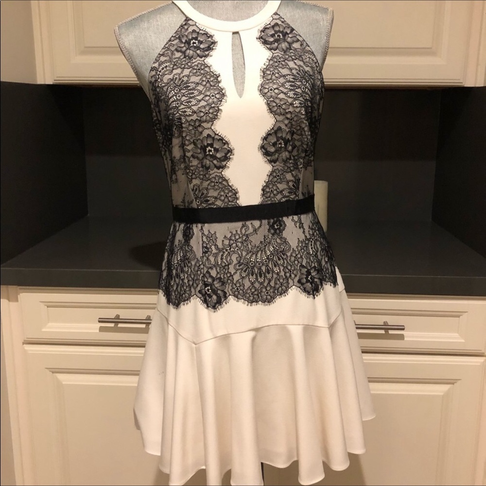 BCBG Lace Detailed Halter Dress, Off White/Black